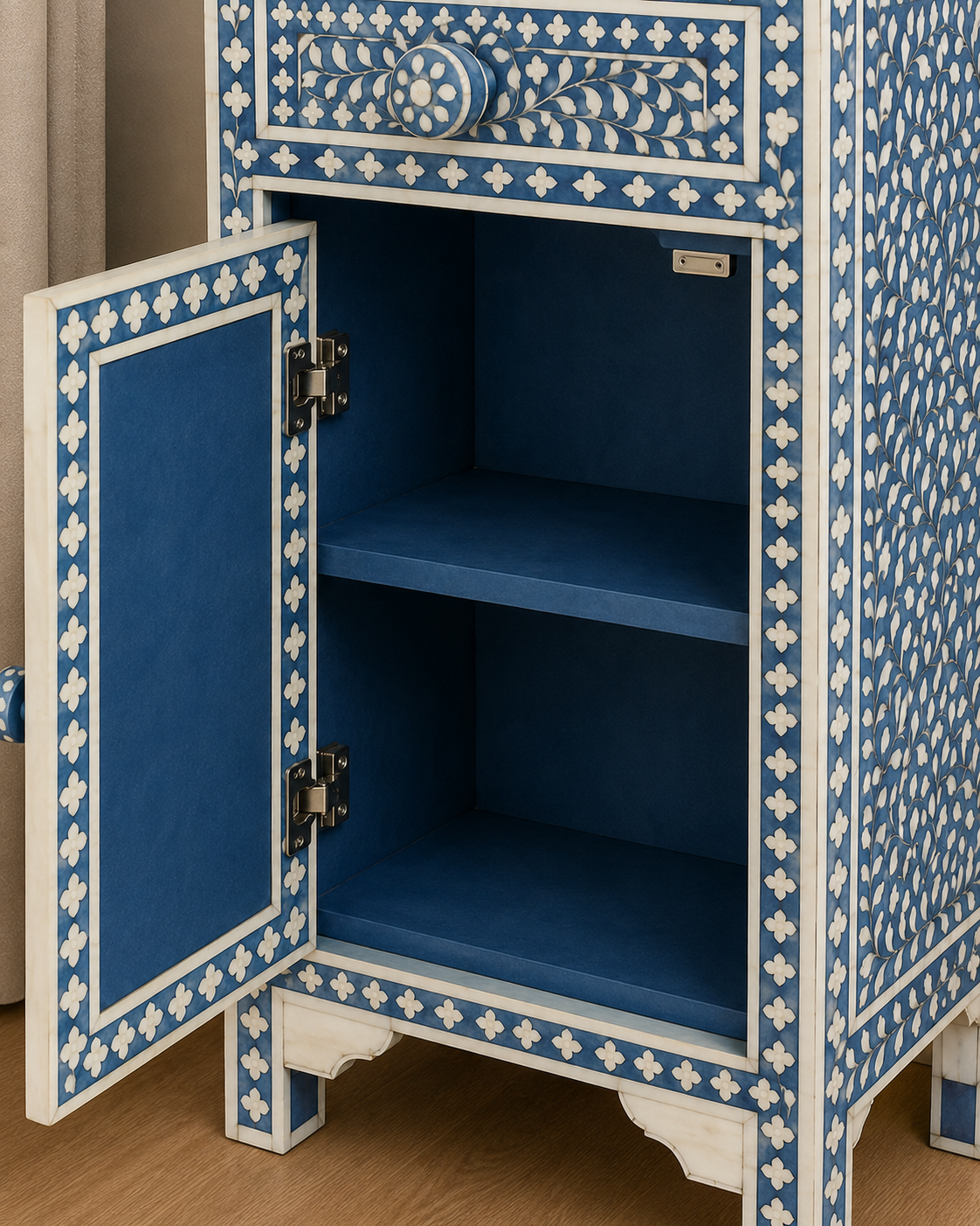 Open Drawer View of Blue Bone Inlay Bedside Cabinet