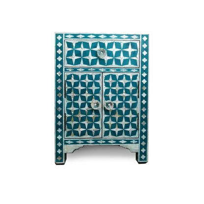 Luxury Handmade Turquoise Mother of Pearl Inlay Nightstand with Storage for Modern Home Decor