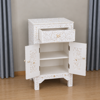 Front Angled View of Mother of Pearl Inlay Bedside Cabinet