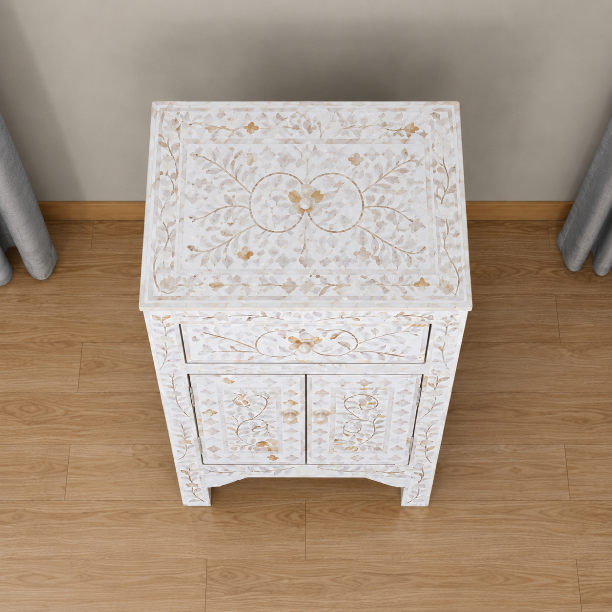 Open Door Storage Cabinet with Mother of Pearl Inlay Design