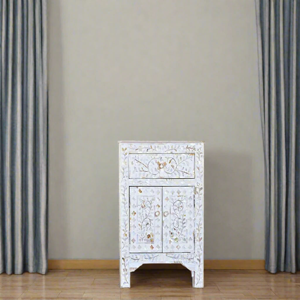 Luxury White Mother of Pearl Inlay Bedside Cabinet with Floral Vine Design