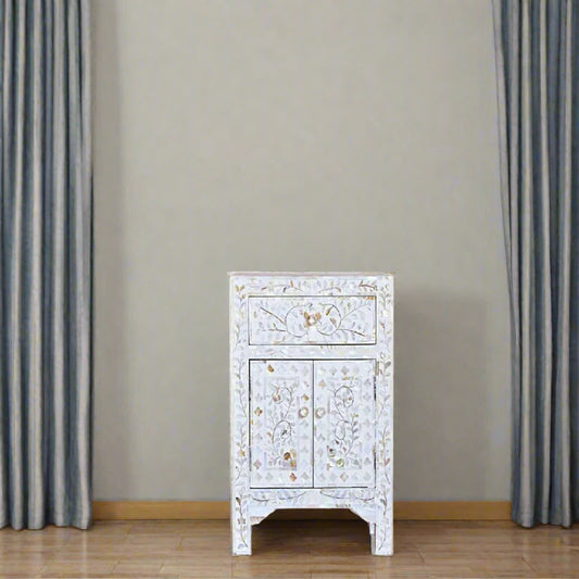 Luxury White Mother of Pearl Inlay Bedside Cabinet with Floral Vine Design