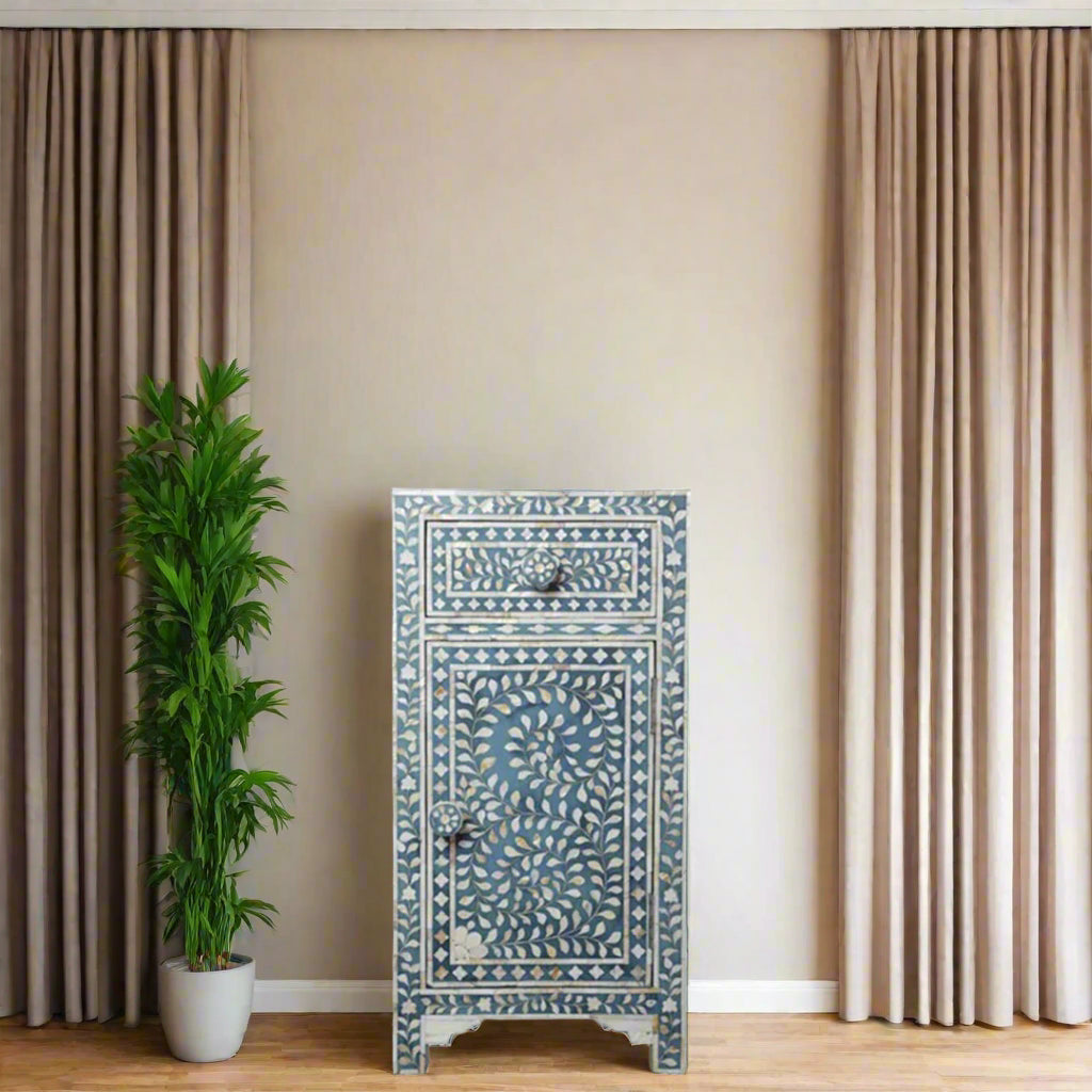 Luxury Blue Bone Inlay Bedside Table with Drawer and Cabinet Door