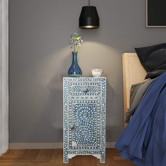 Handmade Blue Bone Inlay Nightstand with Floral Vine Pattern
