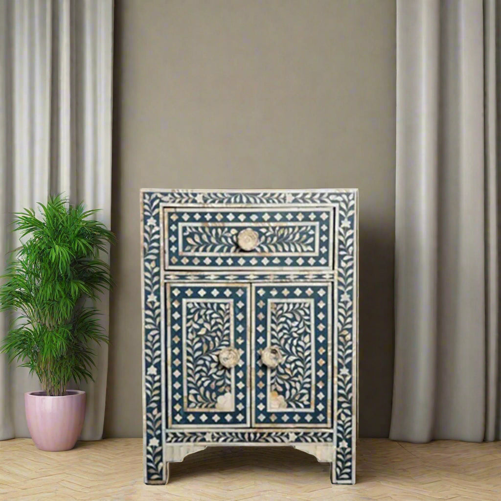 Blue and White Bone Inlay Storage Cabinet Front View