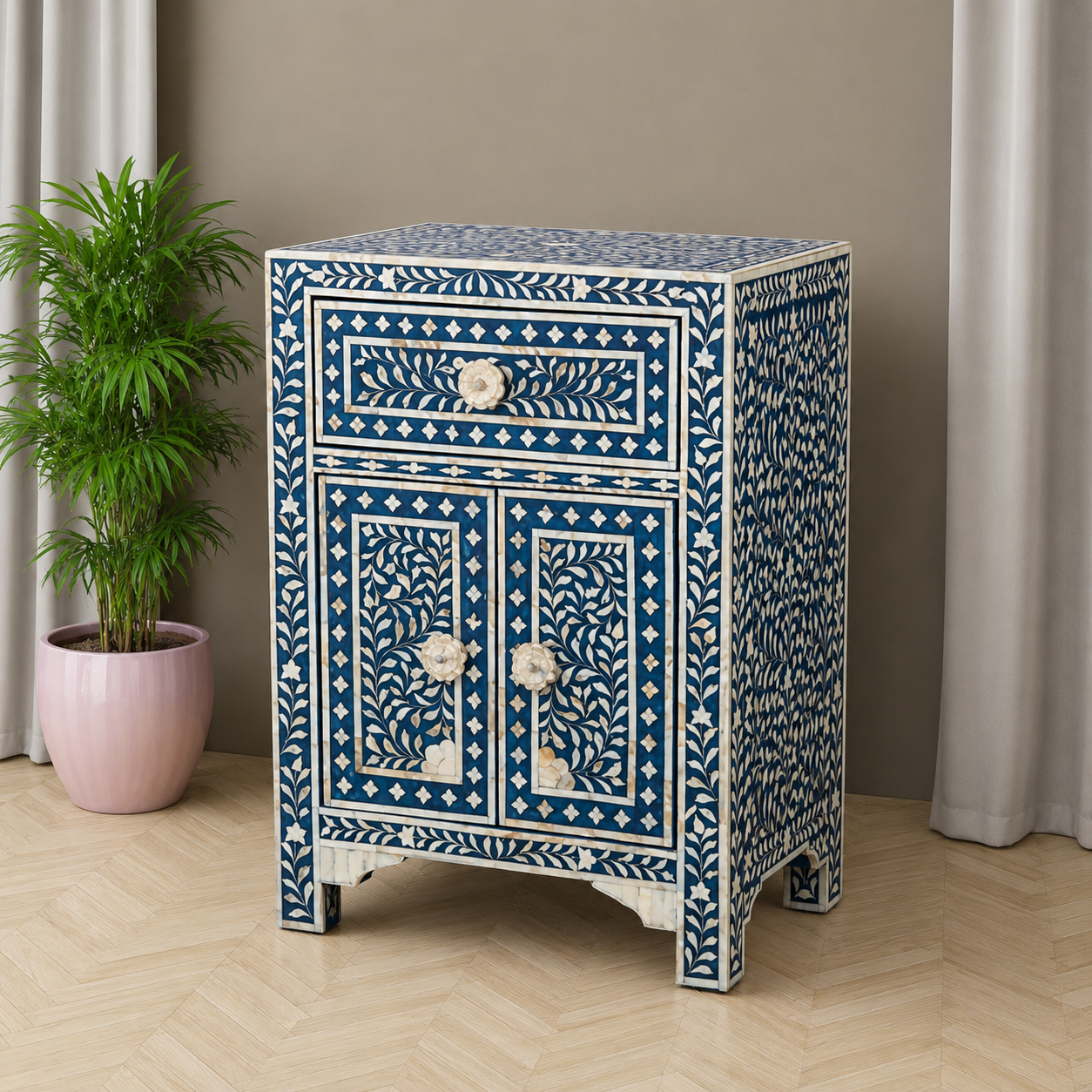 Floral Bone Inlay Bedside Cabinet for Luxury Bedroom Decor