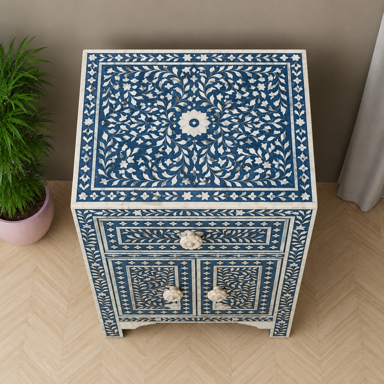 Artisan Handmade Bone Inlay Accent Cabinet in Blue Finish