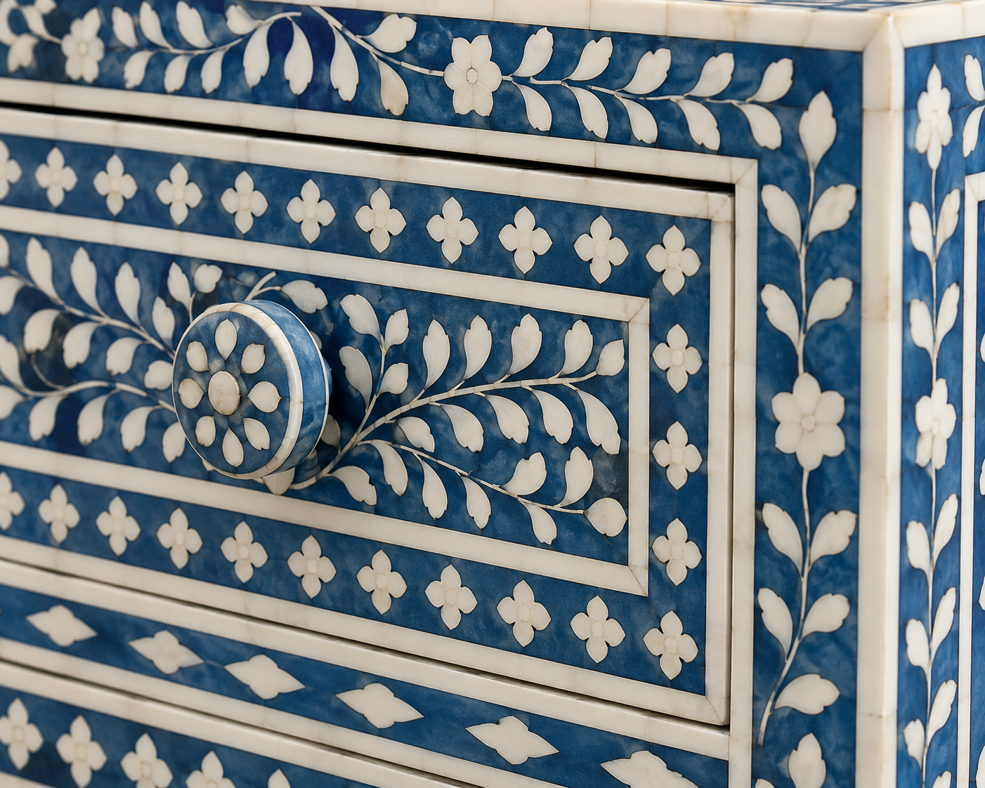 Front Angled View of Blue Bone Inlay Bedside Table