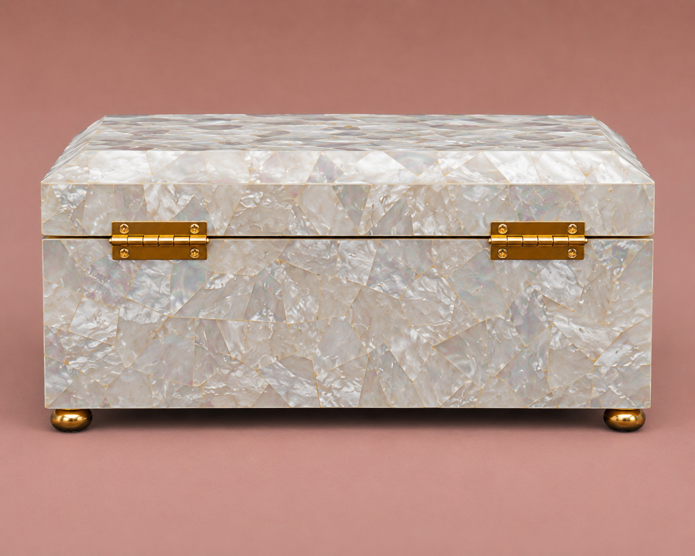 Geometric Mother of Pearl box with gold hinge hardware detail