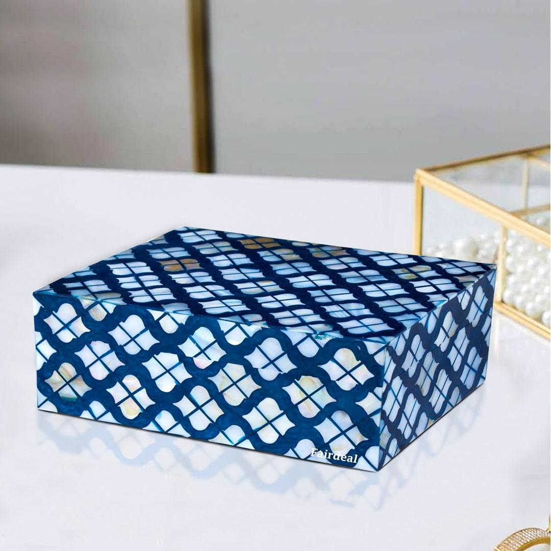 Handmade blue mother of pearl inlay jewelry box with geometric pattern
