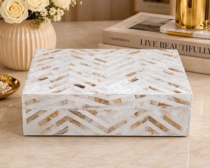 Rectangular Mother of Pearl Jewelry Box with Chevron Pattern and Decorative Styling