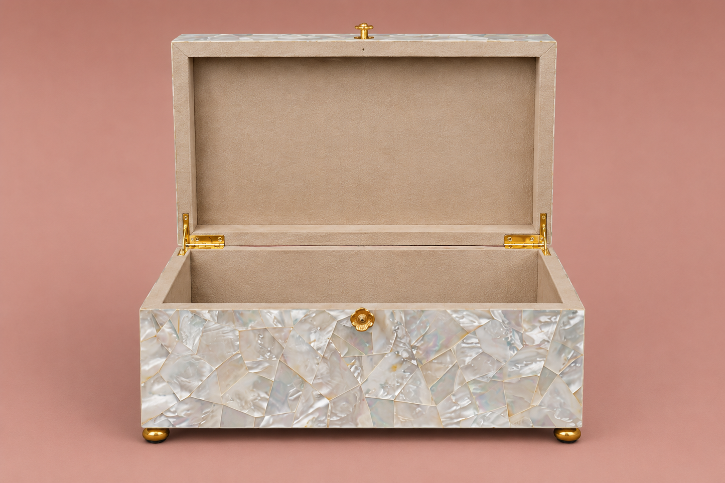 Luxury Mother of Pearl keepsake box with polished gold hardware