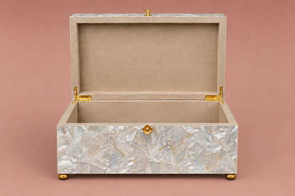 Luxury Mother of Pearl keepsake box with polished gold hardware