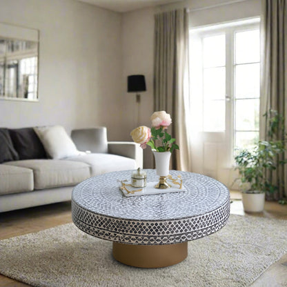 Luxury handmade white Mother of Pearl inlay round coffee table with gold pedestal base
