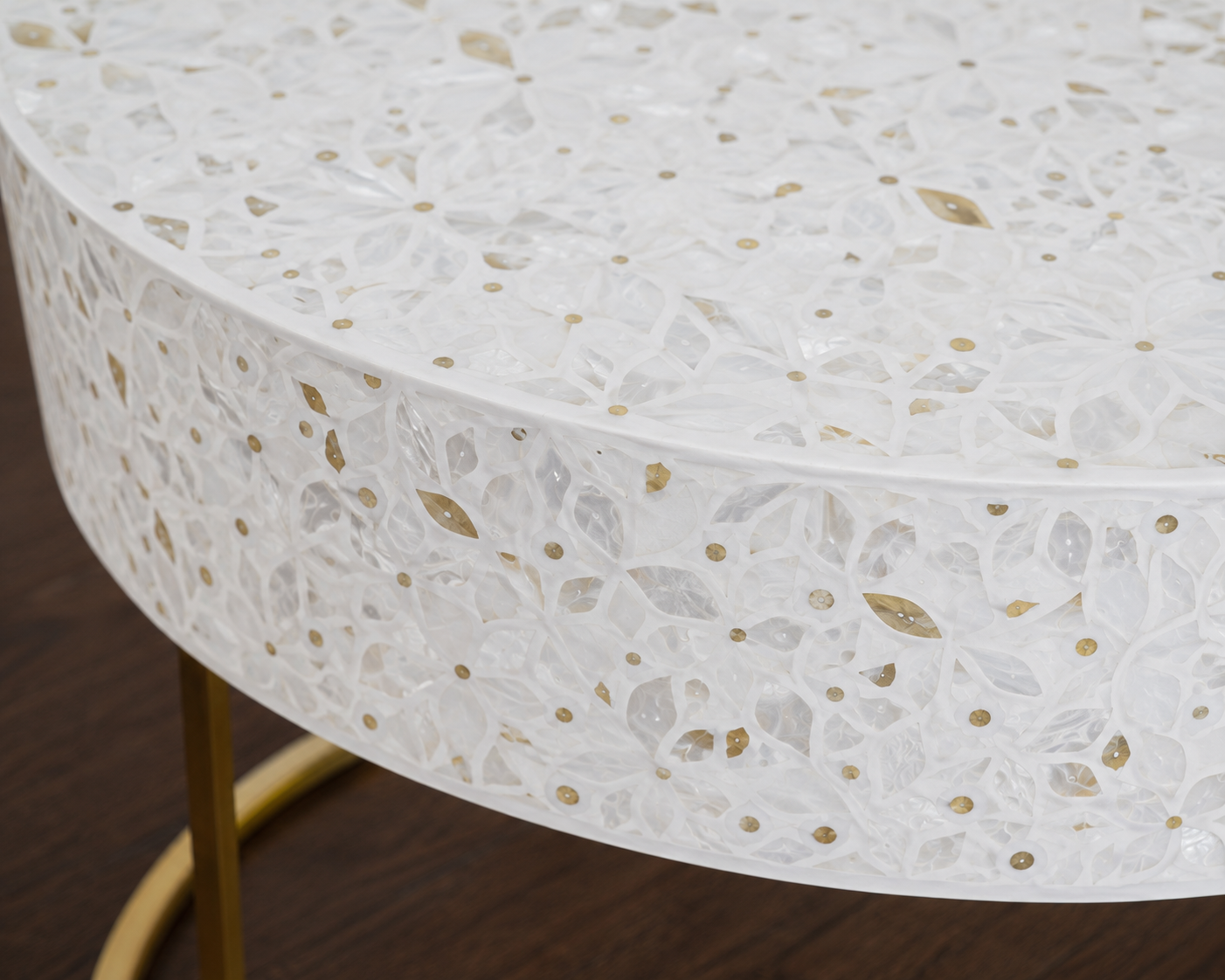 Close-Up of White Mother of Pearl Inlay Floral Pattern Coffee Table