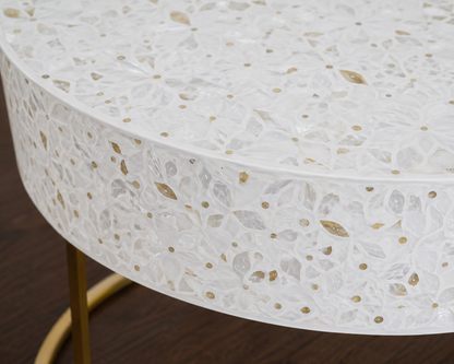 Close-Up of White Mother of Pearl Inlay Floral Pattern Coffee Table