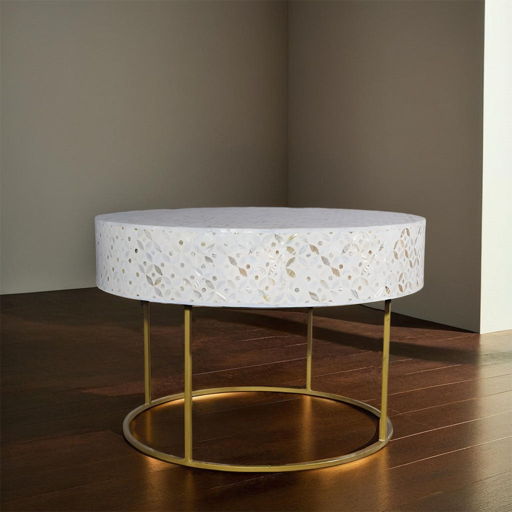 Modern White Mother of Pearl Inlay Round Coffee Table with Gold Metal Base