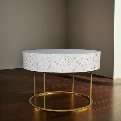 Modern White Mother of Pearl Inlay Round Coffee Table with Gold Metal Base