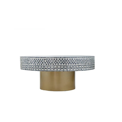 Handmade white Mother of Pearl mosaic coffee table with modern pedestal base