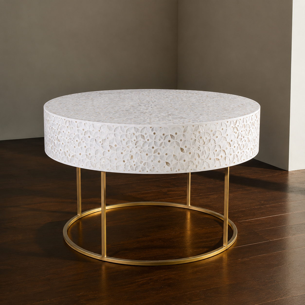 Luxury White Mother of Pearl Inlay Coffee Table Front View
