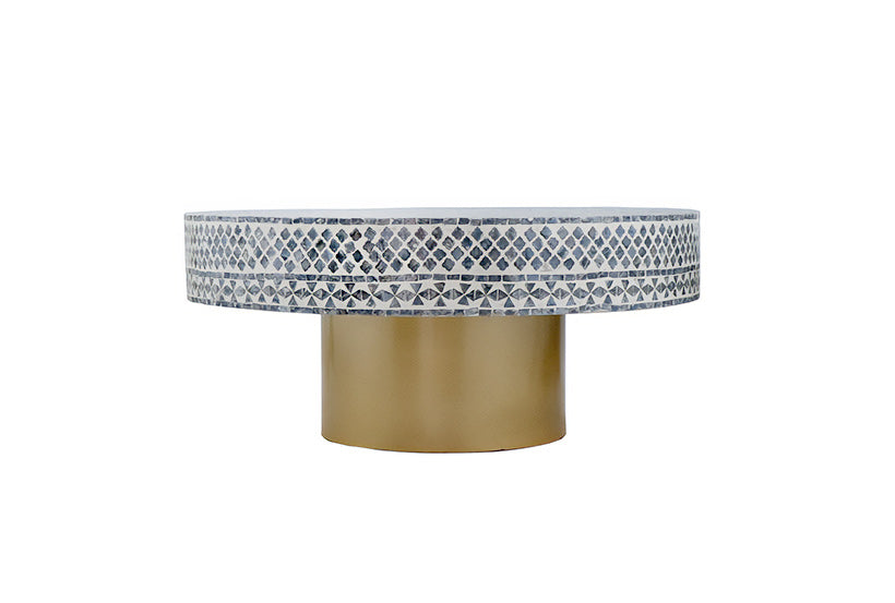 Modern white Mother of Pearl inlay center table with geometric mosaic design