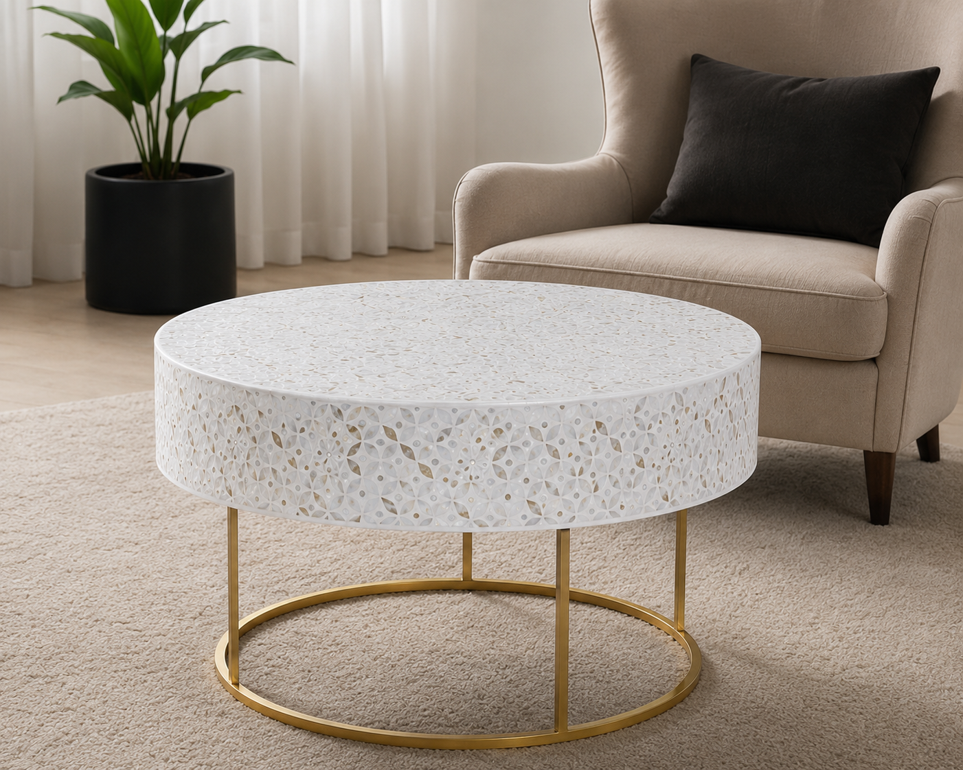 Designer White Mother of Pearl Coffee Table with Gold Circular Base