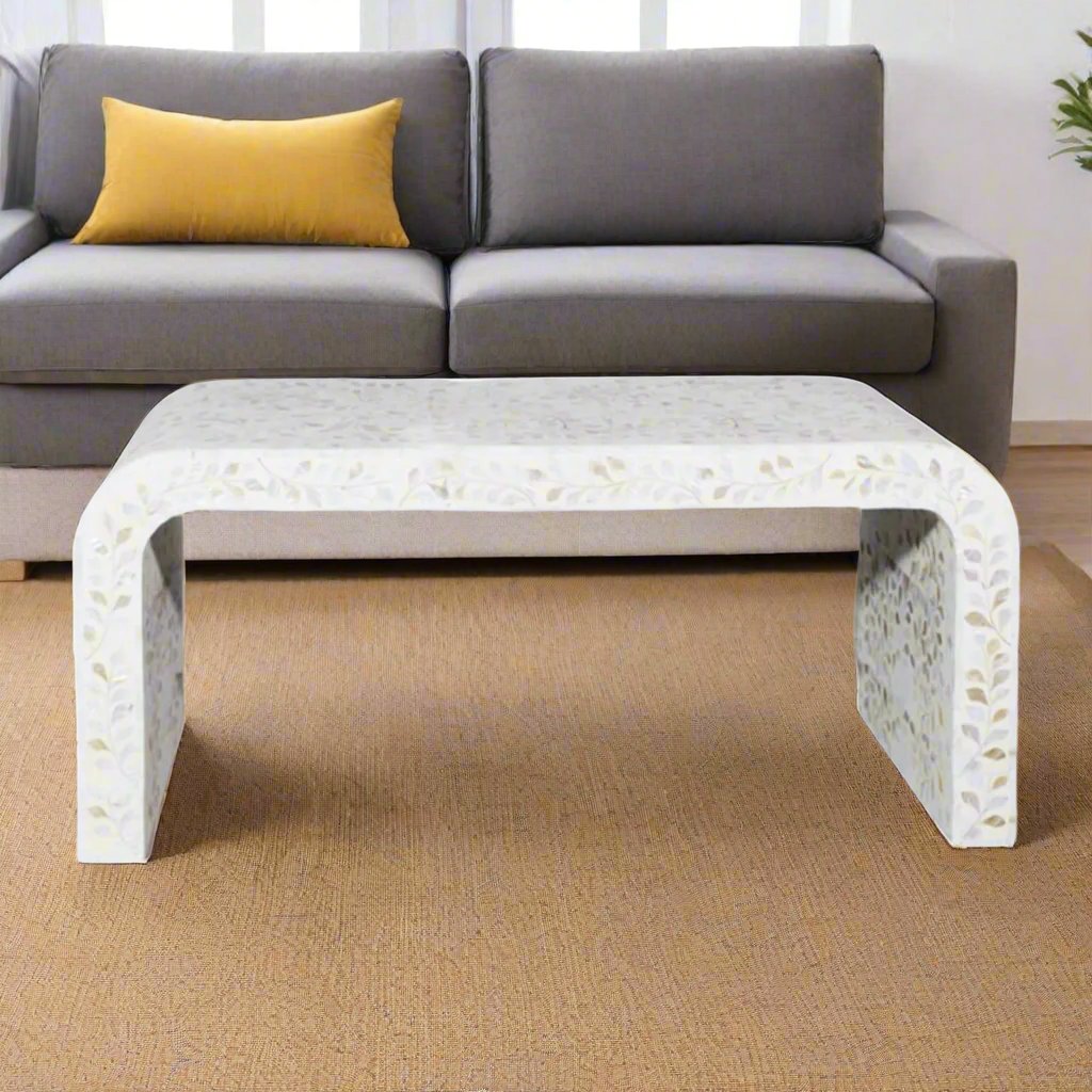 Handcrafted White Mother of Pearl Waterfall Coffee Table Lifestyle View