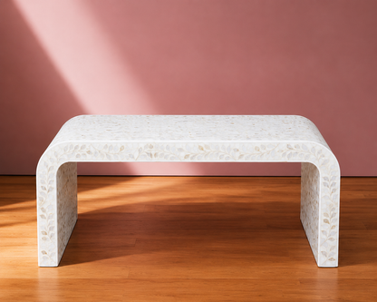 Premium White Mother of Pearl Inlay Coffee Table with Curved Waterfall Design