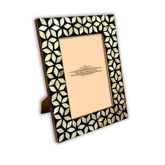Luxury Handmade Mother of Pearl Inlay Photo Frame Black Geometric Design Front View