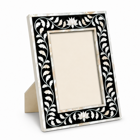 Handmade Mother of Pearl Inlay Photo Frame with Black Floral Design on White Background