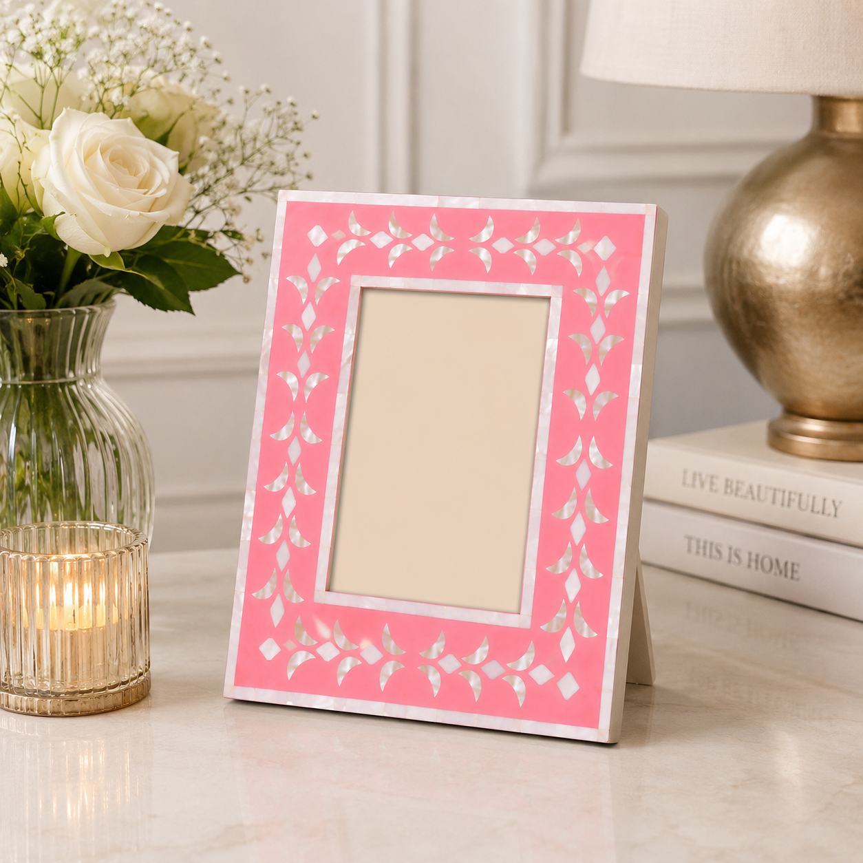 Decorative Pink Mother of Pearl Photo Frame – Handmade Luxury Tabletop Picture Frame for Home Decor & Gifting