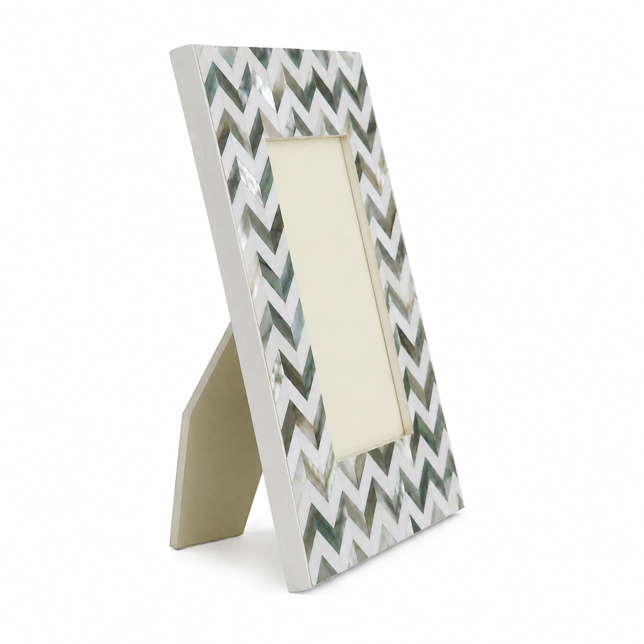 Side View of Luxury Mother of Pearl Chevron Photo Frame with Handcrafted Inlay