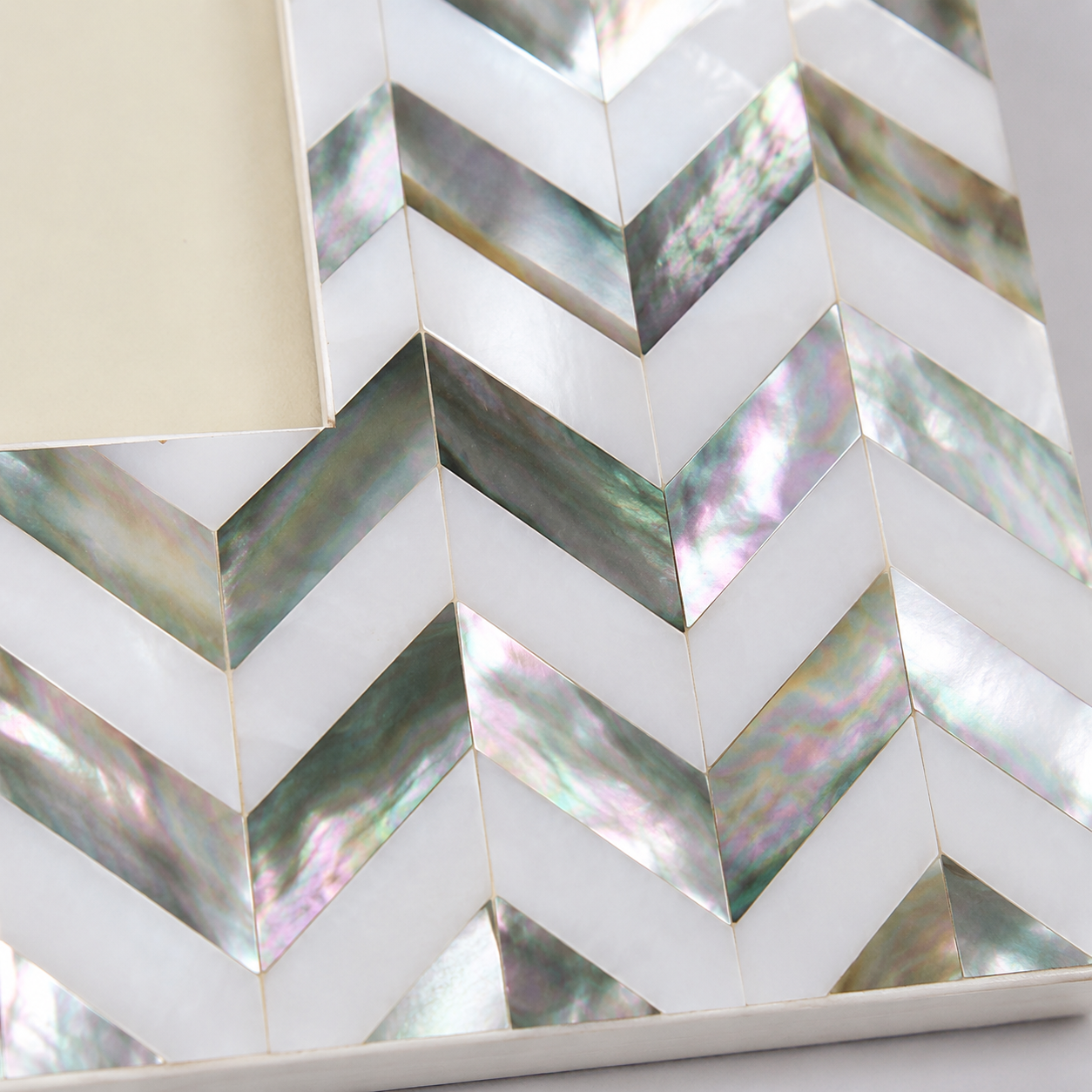 Close-Up of Chevron Mother of Pearl Inlay Pattern on Handmade Picture Frame