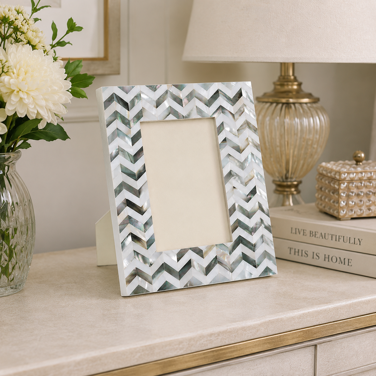 Handmade Mother of Pearl Chevron Photo Frame on Elegant Bedroom Nightstand