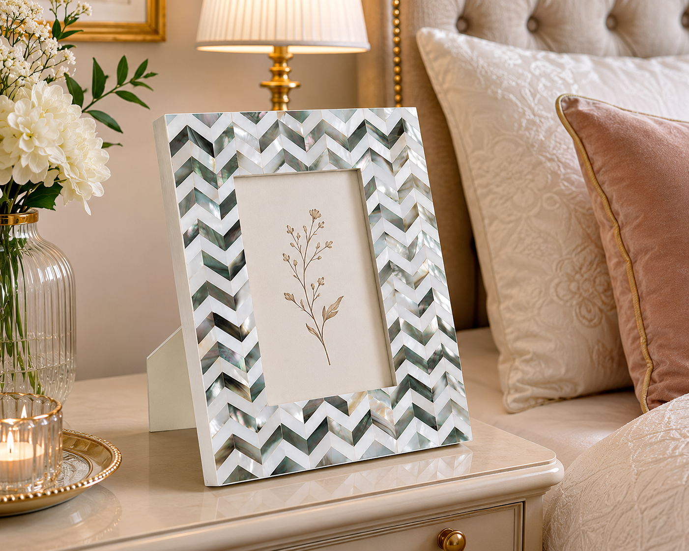 Premium Handmade Mother of Pearl Chevron Inlay Photo Frame for Family Pictures and Gifts