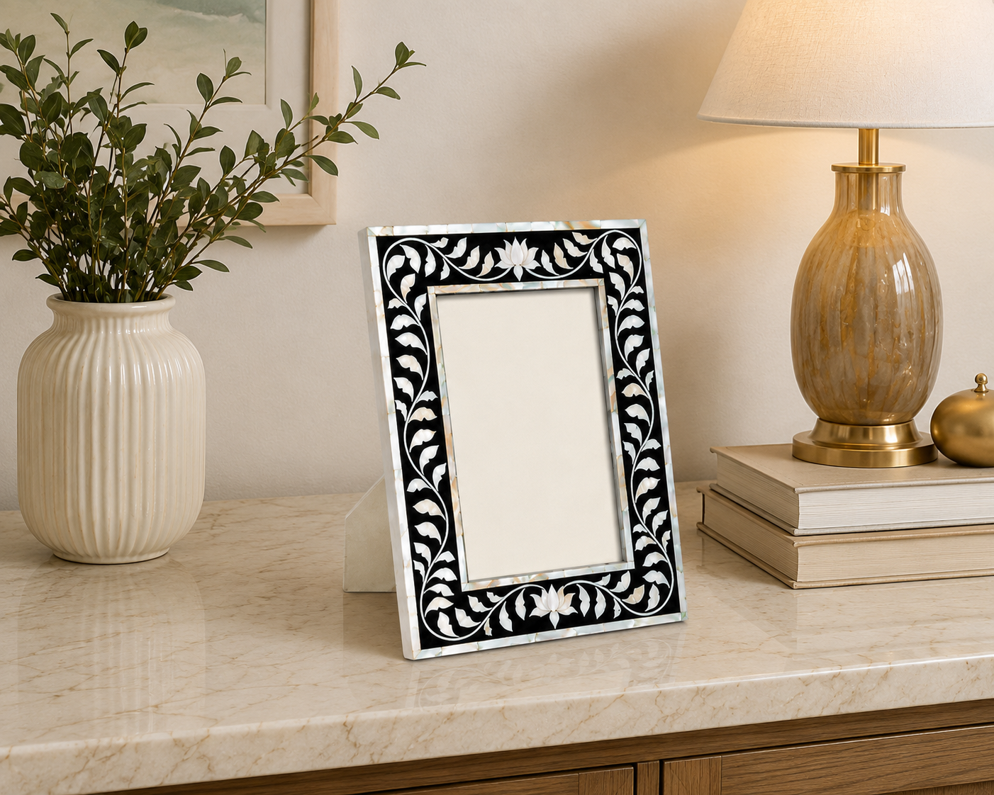 Black Mother of Pearl Inlay Photo Frame with Handcrafted Floral Pattern