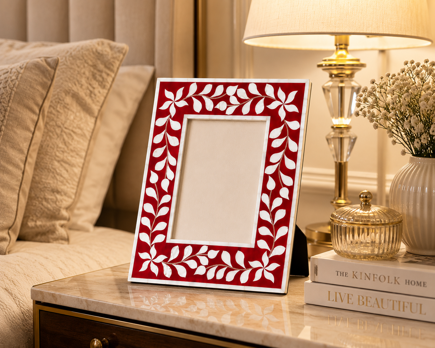 Luxury Red Mother of Pearl Picture Frame Styled on Modern Living Room Console Table