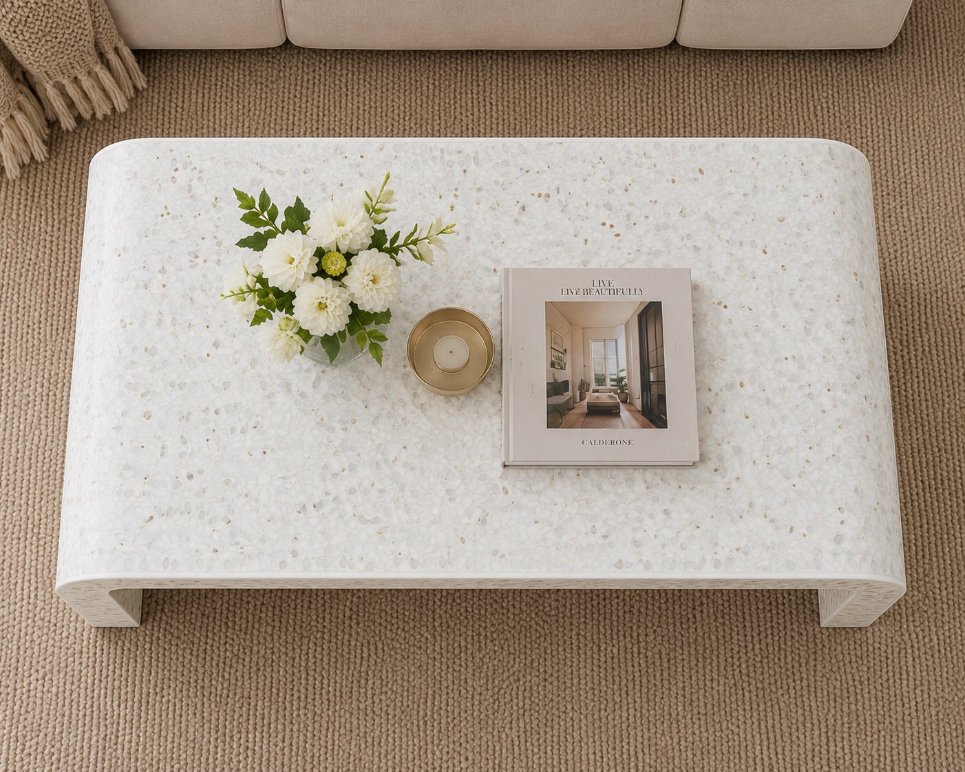 Artisan White Mother of Pearl Waterfall Coffee Table with Floral Pattern