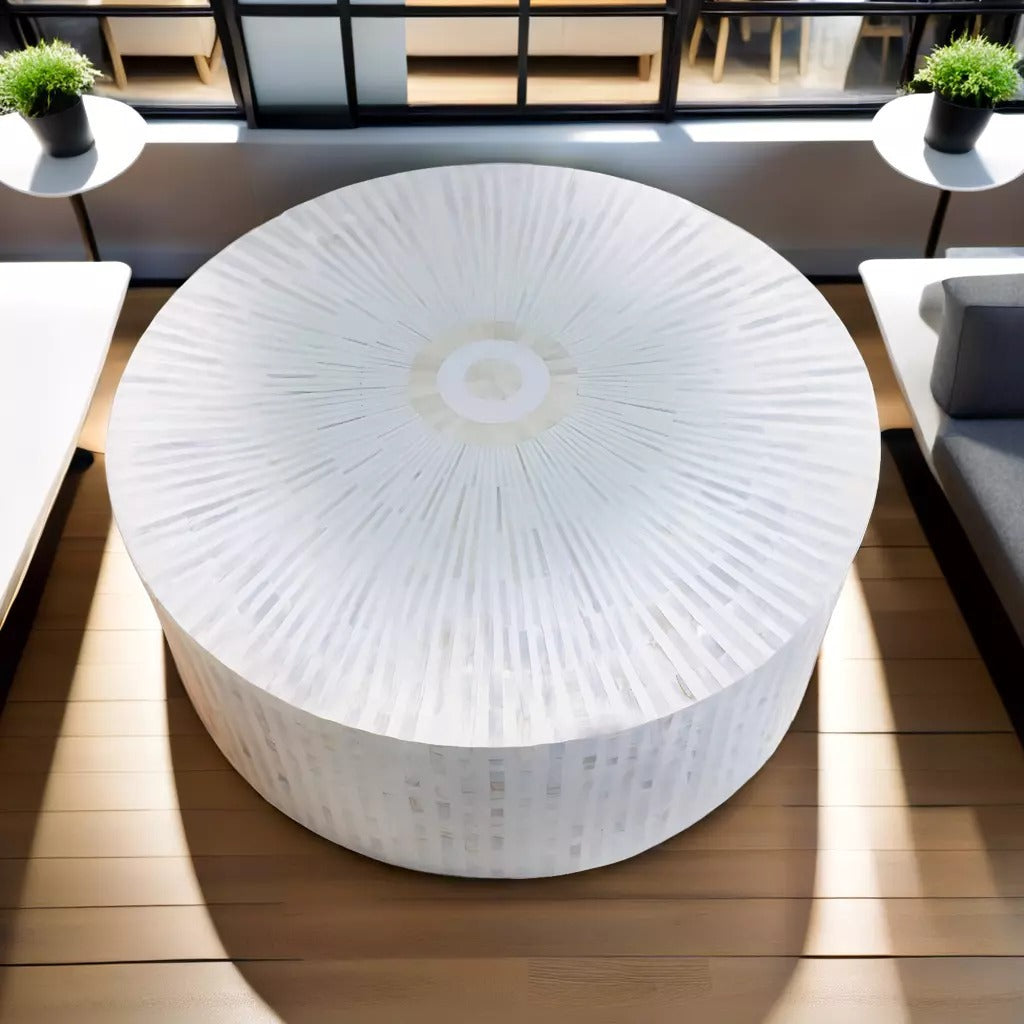 Luxury handmade white Mother of Pearl mosaic round coffee table with sunburst design
