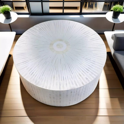 Luxury handmade white Mother of Pearl mosaic round coffee table with sunburst design
