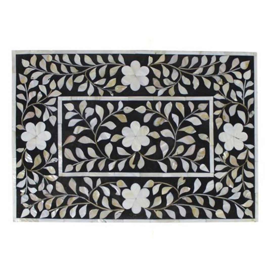 HANDMADE  MOTHER OF PEARL INLAY BEDSIDE TABLE- Floral/Black