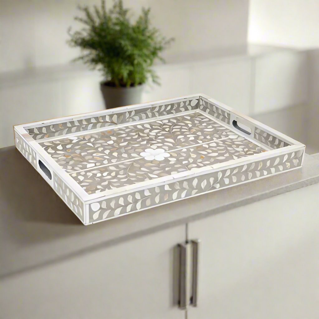 Handcrafted mother of pearl inlay rectangular serving tray with floral pattern and wooden base
