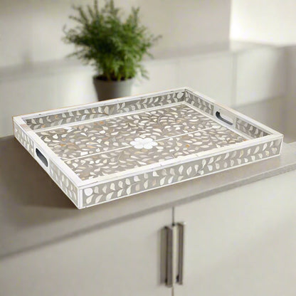 Handcrafted mother of pearl inlay rectangular serving tray with floral pattern and wooden base