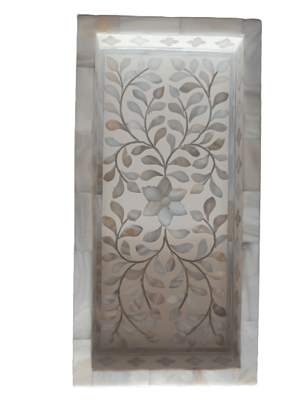 Artisan-made wooden tray featuring floral mother of pearl details