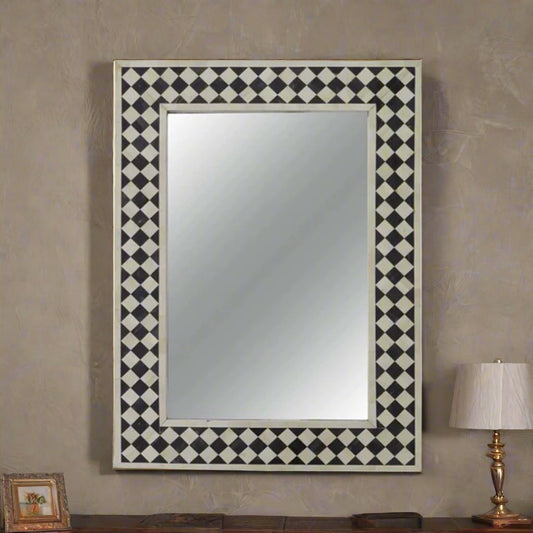 Bone Inlay Black & White Geometric Pattern Mirror Frame with Complimentary Mirror