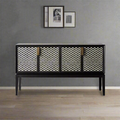 Handmade Black Geometric Fish Scale Pattern Bone Inlay Bar Cabinet