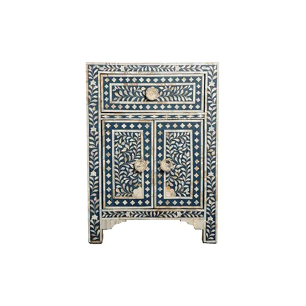 HANDMADE FLORAL PATTERN DARK BLUE MOTHER OF PEARL INLAY BEDSIDE TABLE