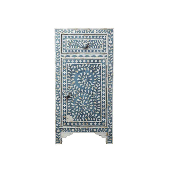 HANDMADE FLORAL PATTERN BLUE MOTHER OF PEARL INLAY BEDSIDE TABLE