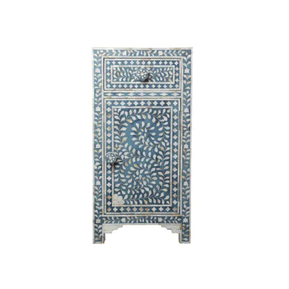 HANDMADE FLORAL PATTERN BLUE MOTHER OF PEARL INLAY BEDSIDE TABLE
