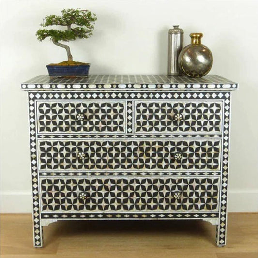 Handmade Black mother of pearl inlay vintage chest of four drawers for home